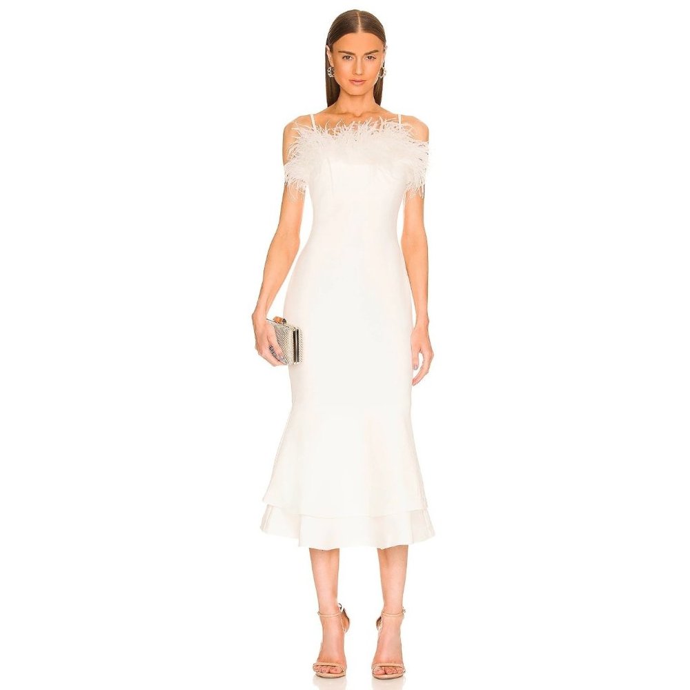 LIKELY Feather Aurora Midi Dress in White 6